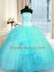 Luxury Floor Length Lace Up Quinceanera Dresses Aqua Blue for Military Ball and Sweet 16 and Quinceanera with Pick Ups and Hand Made Flower