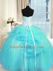Luxury Floor Length Lace Up Quinceanera Dresses Aqua Blue for Military Ball and Sweet 16 and Quinceanera with Pick Ups and Hand Made Flower