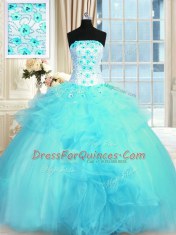 Luxury Floor Length Lace Up Quinceanera Dresses Aqua Blue for Military Ball and Sweet 16 and Quinceanera with Pick Ups and Hand Made Flower