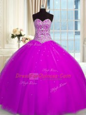 Fancy Sequins Sweetheart Sleeveless Lace Up 15th Birthday Dress Fuchsia Organza