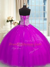 Fancy Sequins Sweetheart Sleeveless Lace Up 15th Birthday Dress Fuchsia Organza