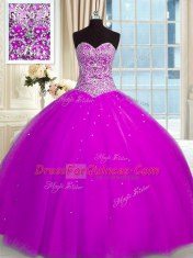Fancy Sequins Sweetheart Sleeveless Lace Up 15th Birthday Dress Fuchsia Organza