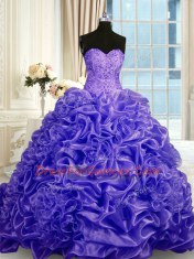 Fancy Purple Sleeveless Beading and Pick Ups Lace Up Quince Ball Gowns