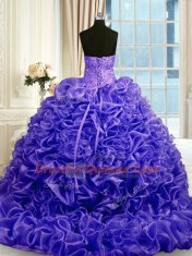 Fancy Purple Sleeveless Beading and Pick Ups Lace Up Quince Ball Gowns