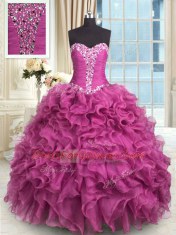 Customized Beading and Ruffles Quinceanera Dresses Rose Pink Lace Up Sleeveless Floor Length