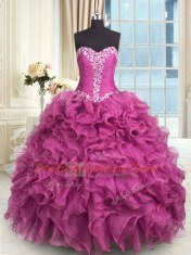 Customized Beading and Ruffles Quinceanera Dresses Rose Pink Lace Up Sleeveless Floor Length