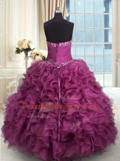 Customized Beading and Ruffles Quinceanera Dresses Rose Pink Lace Up Sleeveless Floor Length