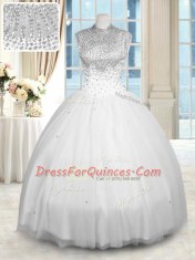 Smart White High-neck Neckline Beading Quinceanera Dresses Sleeveless Zipper