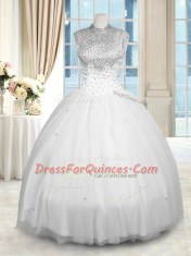 Smart White High-neck Neckline Beading Quinceanera Dresses Sleeveless Zipper