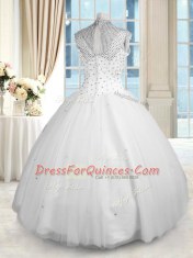 Smart White High-neck Neckline Beading Quinceanera Dresses Sleeveless Zipper