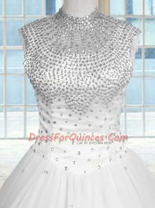 Smart White High-neck Neckline Beading Quinceanera Dresses Sleeveless Zipper