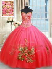 Coral Red Ball Gowns Tulle Sweetheart Sleeveless Beading and Appliques and Embroidery Floor Length Lace Up 15th Birthday Dress