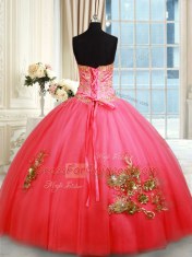 Coral Red Ball Gowns Tulle Sweetheart Sleeveless Beading and Appliques and Embroidery Floor Length Lace Up 15th Birthday Dress