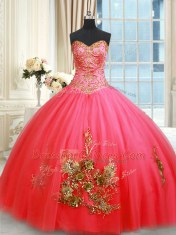 Coral Red Ball Gowns Tulle Sweetheart Sleeveless Beading and Appliques and Embroidery Floor Length Lace Up 15th Birthday Dress