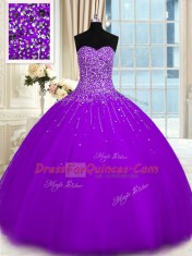 Wonderful Purple Sleeveless Tulle Lace Up Quinceanera Dress for Military Ball and Sweet 16 and Quinceanera