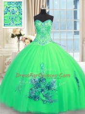 Most Popular Sweetheart Sleeveless Quinceanera Dresses Floor Length Beading and Appliques and Embroidery Turquoise Tulle