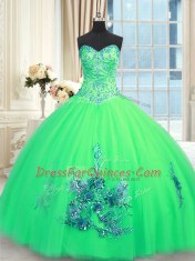 Most Popular Sweetheart Sleeveless Quinceanera Dresses Floor Length Beading and Appliques and Embroidery Turquoise Tulle