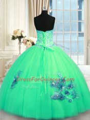 Most Popular Sweetheart Sleeveless Quinceanera Dresses Floor Length Beading and Appliques and Embroidery Turquoise Tulle