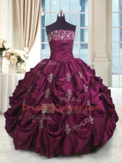 Burgundy Strapless Neckline Beading and Appliques and Embroidery and Pick Ups Vestidos de Quinceanera Sleeveless Lace Up