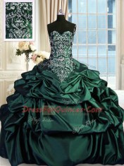 Romantic Dark Green Taffeta Zipper Sweetheart Sleeveless Floor Length Quince Ball Gowns Beading and Embroidery and Pick Ups