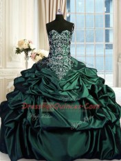 Romantic Dark Green Taffeta Zipper Sweetheart Sleeveless Floor Length Quince Ball Gowns Beading and Embroidery and Pick Ups