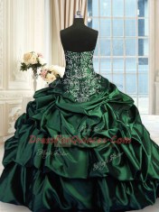 Romantic Dark Green Taffeta Zipper Sweetheart Sleeveless Floor Length Quince Ball Gowns Beading and Embroidery and Pick Ups