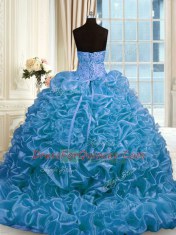 Classical Blue Sweetheart Lace Up Beading and Pick Ups Quinceanera Gown Sweep Train Sleeveless