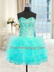 Amazing Three Piece Tulle Strapless Sleeveless Lace Up Beading and Ruffles Vestidos de Quinceanera in Aqua Blue