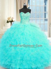 Amazing Three Piece Tulle Strapless Sleeveless Lace Up Beading and Ruffles Vestidos de Quinceanera in Aqua Blue