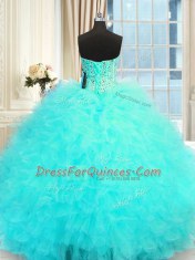 Amazing Three Piece Tulle Strapless Sleeveless Lace Up Beading and Ruffles Vestidos de Quinceanera in Aqua Blue