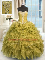 High Class Brown Ball Gowns Beading and Ruffles Quinceanera Dresses Lace Up Organza Sleeveless Floor Length