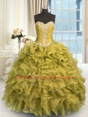 High Class Brown Ball Gowns Beading and Ruffles Quinceanera Dresses Lace Up Organza Sleeveless Floor Length