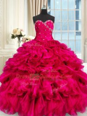 Sleeveless Organza Floor Length Lace Up Quinceanera Dress in Hot Pink with Beading and Ruffles