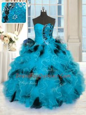 Sleeveless Tulle Floor Length Lace Up 15 Quinceanera Dress in Blue And Black with Beading and Ruffles