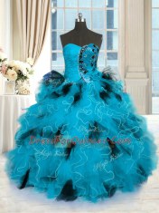 Sleeveless Tulle Floor Length Lace Up 15 Quinceanera Dress in Blue And Black with Beading and Ruffles