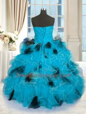 Sleeveless Tulle Floor Length Lace Up 15 Quinceanera Dress in Blue And Black with Beading and Ruffles