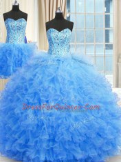 Charming Three Piece Tulle Strapless Sleeveless Lace Up Beading and Ruffles Quince Ball Gowns in Baby Blue