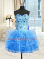 Charming Three Piece Tulle Strapless Sleeveless Lace Up Beading and Ruffles Quince Ball Gowns in Baby Blue