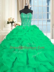 High Quality Beading and Ruffles Quinceanera Dress Turquoise Lace Up Sleeveless With Brush Train