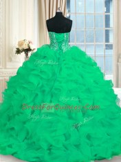 High Quality Beading and Ruffles Quinceanera Dress Turquoise Lace Up Sleeveless With Brush Train