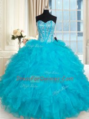 Sweetheart Sleeveless Lace Up Vestidos de Quinceanera Aqua Blue Organza