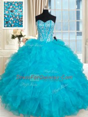 Sweetheart Sleeveless Lace Up Vestidos de Quinceanera Aqua Blue Organza