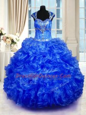 New Style Royal Blue Organza Lace Up Sweet 16 Quinceanera Dress Cap Sleeves Floor Length Beading and Ruffles