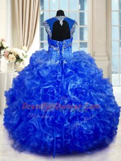 New Style Royal Blue Organza Lace Up Sweet 16 Quinceanera Dress Cap Sleeves Floor Length Beading and Ruffles
