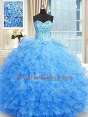Trendy Baby Blue 15 Quinceanera Dress Military Ball and Sweet 16 and Quinceanera and For with Beading and Ruffles Sweetheart Sleeveless Lace Up