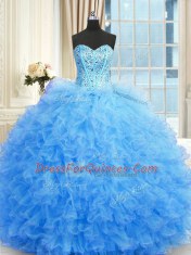 Trendy Baby Blue 15 Quinceanera Dress Military Ball and Sweet 16 and Quinceanera and For with Beading and Ruffles Sweetheart Sleeveless Lace Up