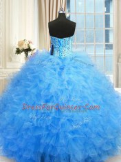 Trendy Baby Blue 15 Quinceanera Dress Military Ball and Sweet 16 and Quinceanera and For with Beading and Ruffles Sweetheart Sleeveless Lace Up