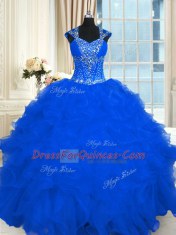 Floor Length Lace Up Sweet 16 Dresses Royal Blue for Military Ball and Sweet 16 and Quinceanera with Beading and Ruffles