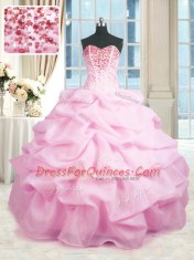 Floor Length Pink Quinceanera Gowns Organza Sleeveless Beading and Ruffles