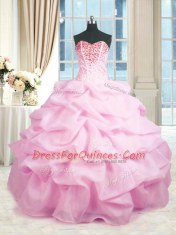Floor Length Pink Quinceanera Gowns Organza Sleeveless Beading and Ruffles